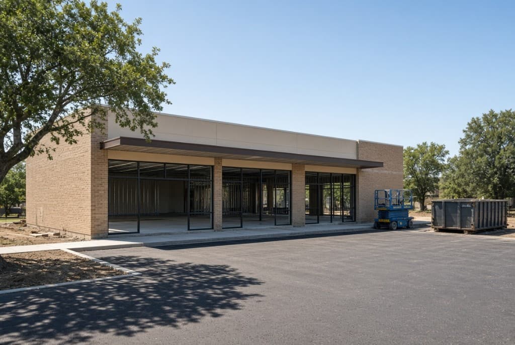 New commercial shell with storefronts and interior framing