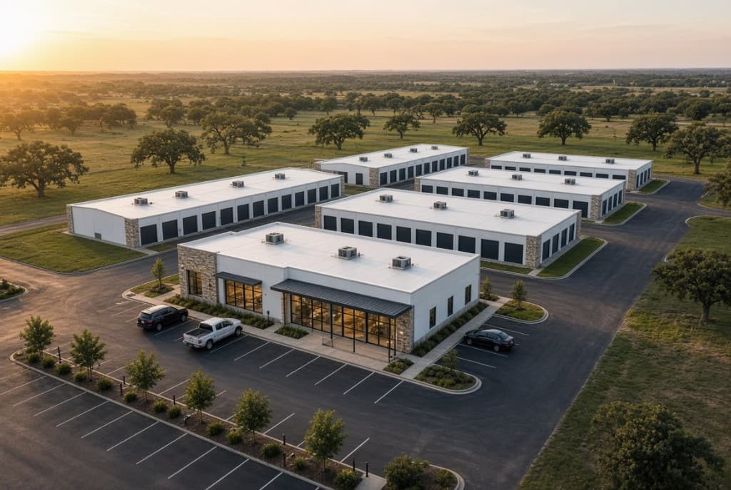 Aerial view of a storage facility with glass office and unit buildings