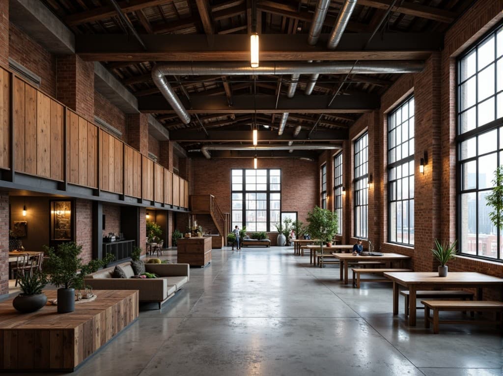 Finished warehouse office with brick, mezzanine, and communal tables